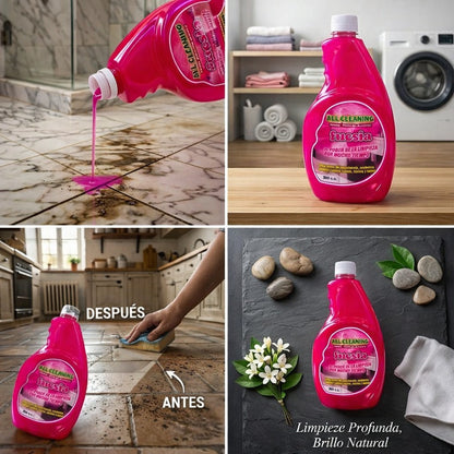 Antes y después de eliminar suciedad incrustada y juntas negras en porcelanato con All Cleaning Fucsia