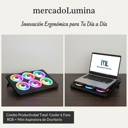 Combo Productividad Total: Cooler 6 Fans RGB + Mini Aspiradora de Escritorio