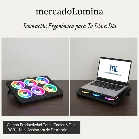 Combo Productividad Total: Cooler 6 Fans RGB + Mini Aspiradora de Escritorio